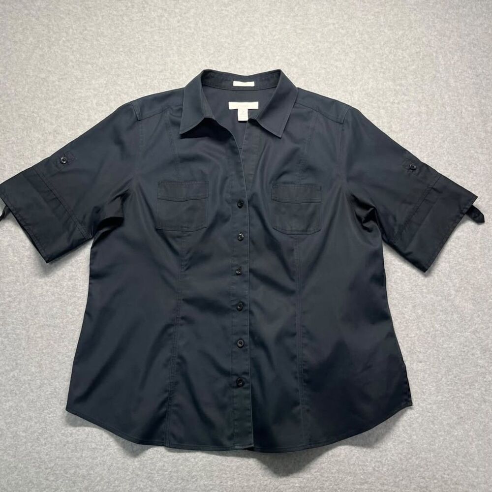 Chico's No Iron Navy Blue Cotton Button Up Shirt Women's Size 2/Large w Pockets